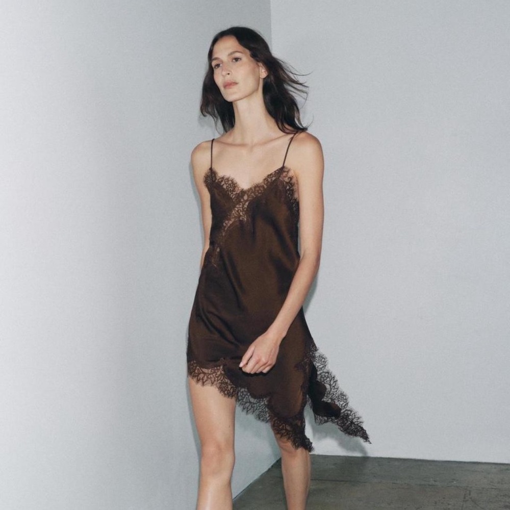 Zara Asymmetric Silk Lace Brown Lace Slip Dress